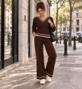 Zweiteiler mit Kontrast-V-Ausschnitt & Wide-Leg-Hose