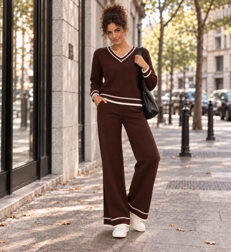 Zweiteiler mit Kontrast-V-Ausschnitt & Wide-Leg-Hose